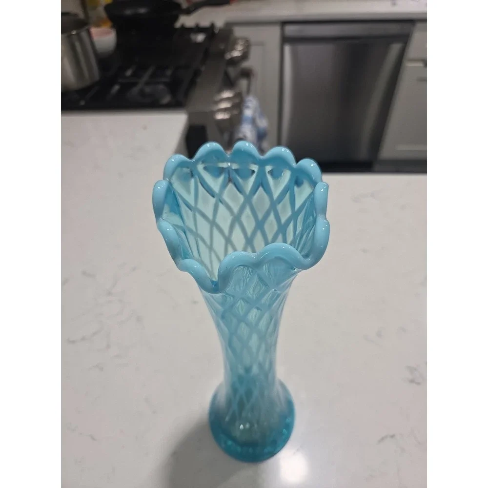 Fenton Blue Glass Opalescent Swung Vase 11 inches Tall